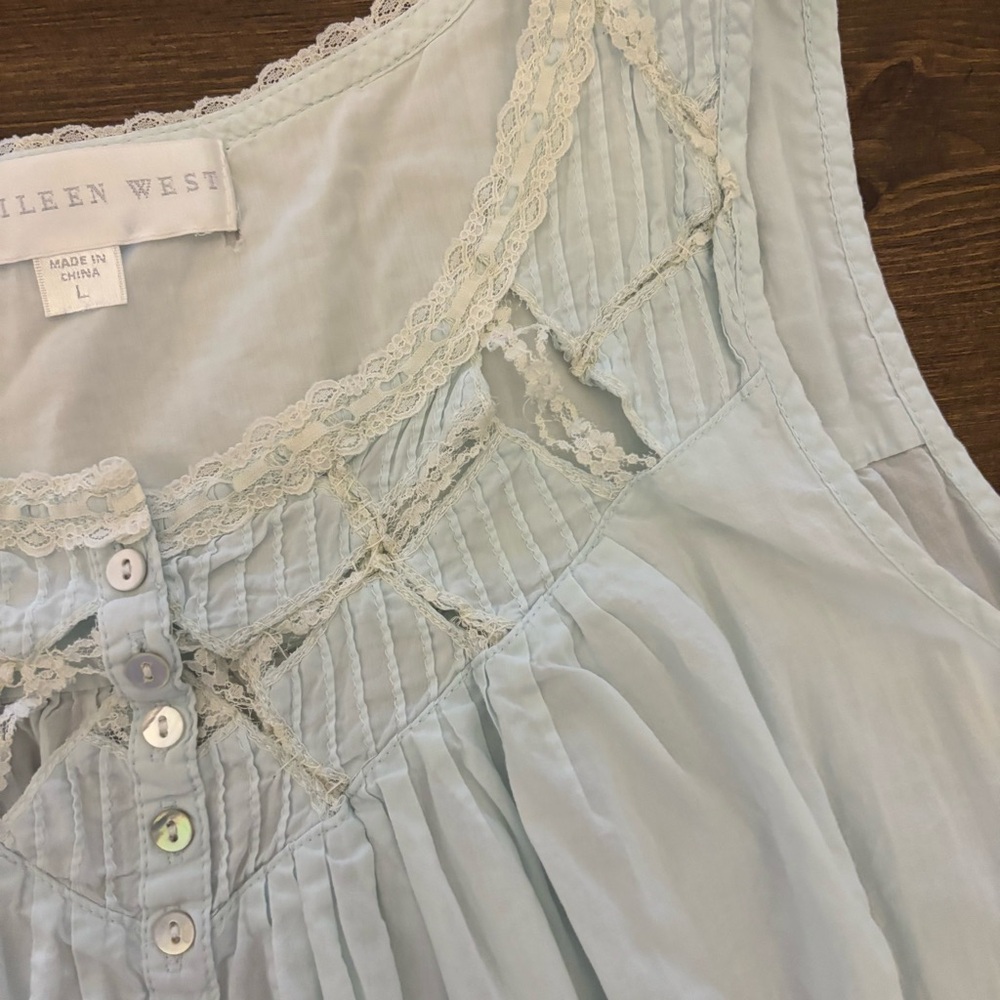 Eileen West Light Aqua Blue Long Cotton Nightgown Lace Trim Size Large, (+Flaw) - Picture 7 of 15